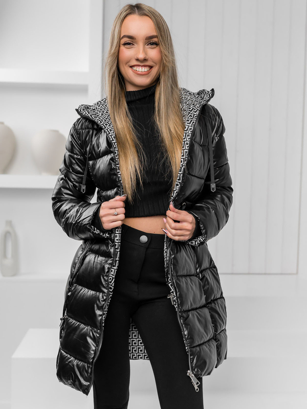Damen Lange Zweiseitige Gepolsterte Winterjacke Mantel mit Kapuze Schwarz Bolf B8070
