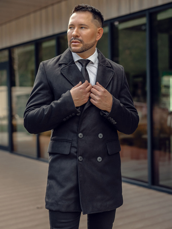 Herren Zweireihiger Langer Wintermantel Schwarz Bolf 79B3A-073