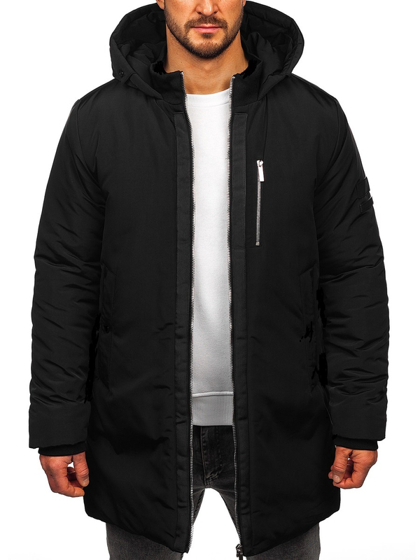 Herren Lange Winterjacke mit Kapuze Schwarz Bolf 5M3121