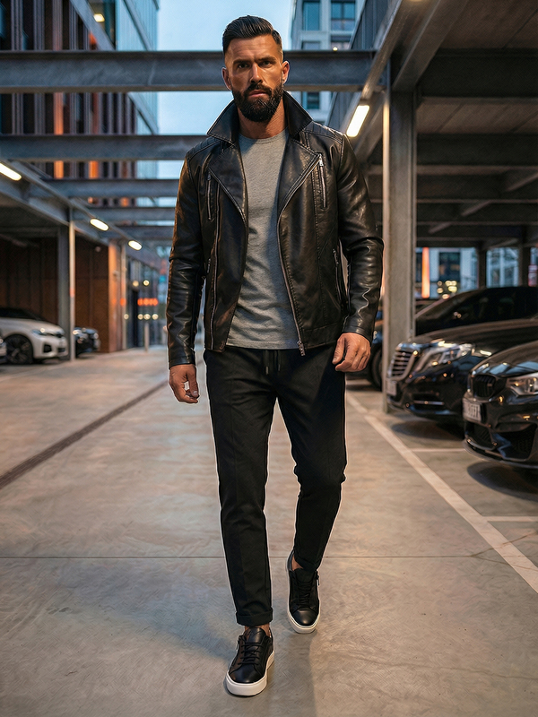 Herren Kunstlederjacke Bikerjacke Schwarz Bolf 11Z8056