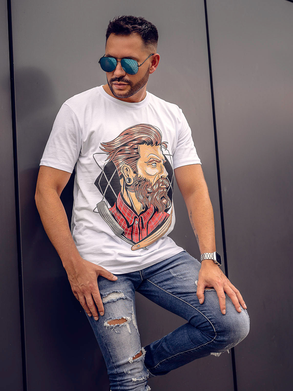 Herren Baumwoll T-Shirt mit Print Weiß Bolf 143024A