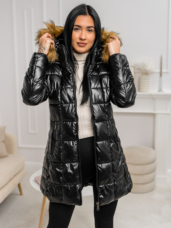 Damen Lange Geposlterte Winterjacke Mantel mit Kapuze Schwarz-Braun Bolf 16M9120