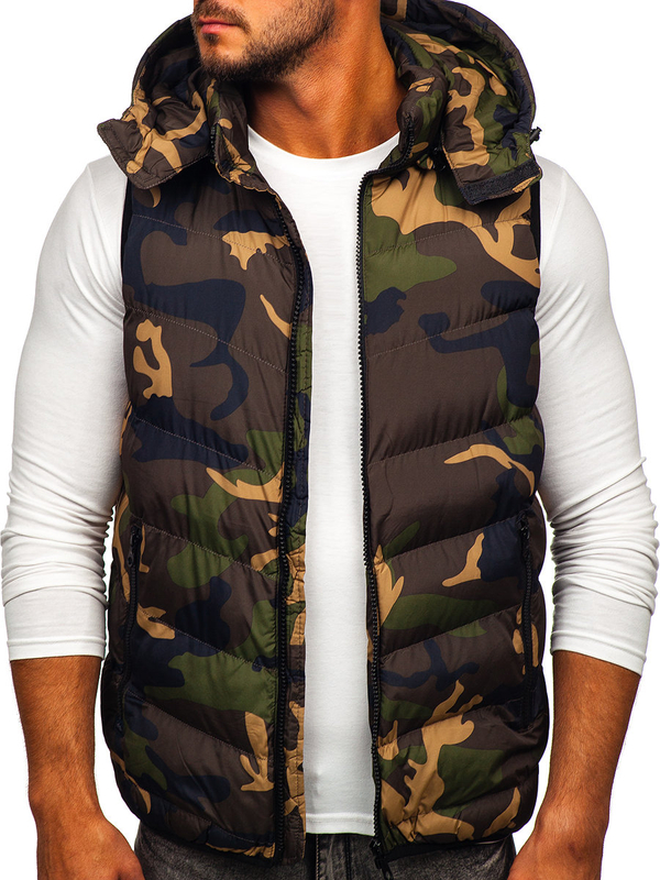 Herren Steppweste mit Kapuze Camo Khaki Bolf 6876