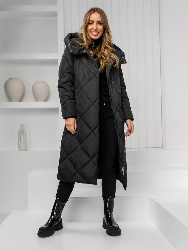 Damen Lange Gepolsterte Winterjacke Mantel mit Kapuze Schwarz Bolf 5M3173