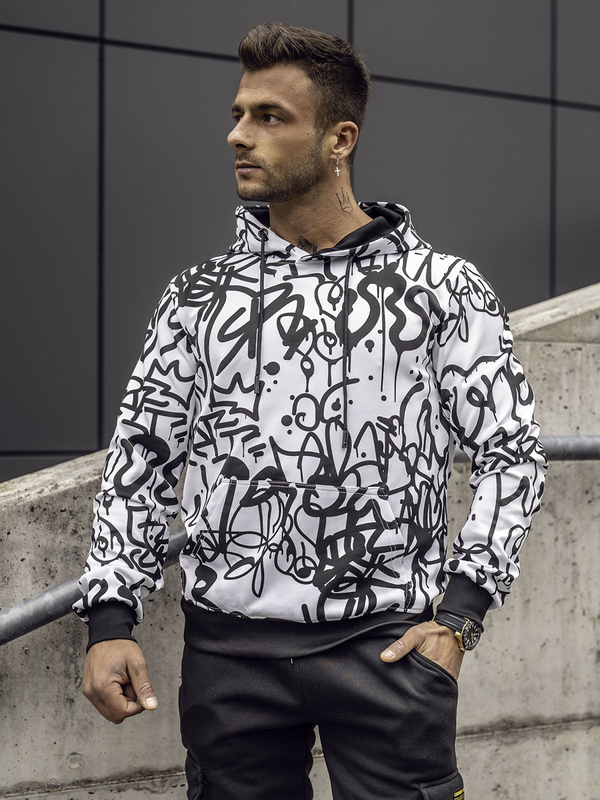 Herren Sweatshirt mit Motiv mit Kängurutasche Schwarz-Weiß Bolf 8B1151