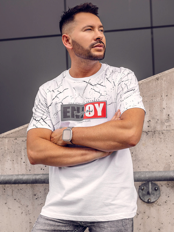 Herren Baumwoll T-Shirt mit Motiv Weiß Bolf 147737A