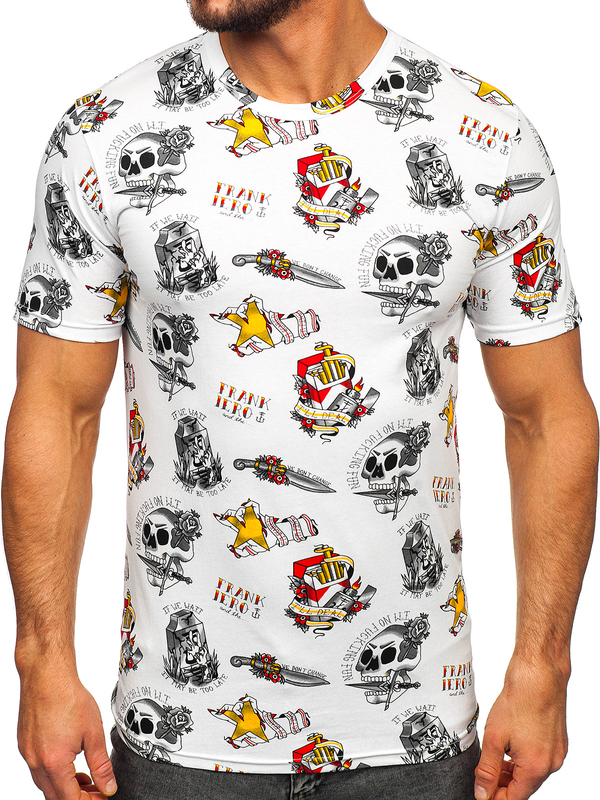 Herren Baumwoll T-Shirt mit Motiv Weiß Bolf 14963