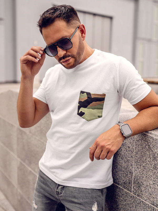 Herren Baumwoll T-Shirt mit Motiv und mit Brusttasche Camo Weiß Bolf 14507A