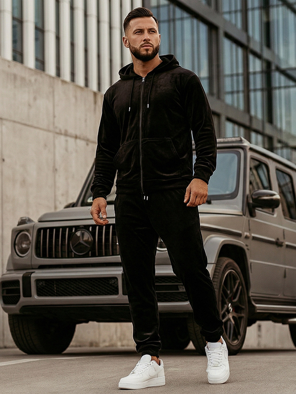 Herren Velours Zweiteiler Freizeitanzug mit Kapuze Schwarz Bolf 8C1538A1