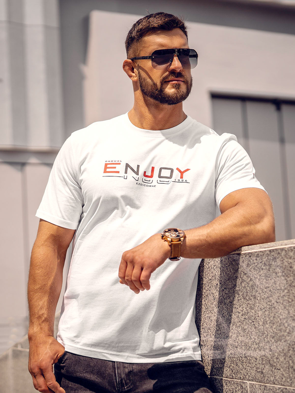Herren Baumwoll T-Shirt mit Motiv Weiß Bolf 14739A