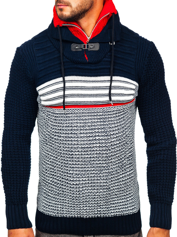 Herren Warmer Pullover mit Stehkragen Dunkelblau-Rot Bolf 2026