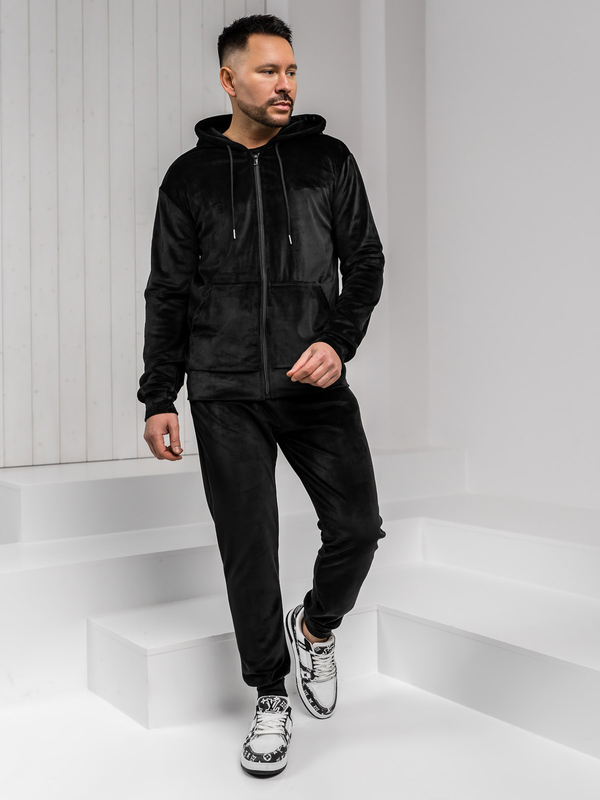Herren Velours Zweiteiler Freizeitanzug mit Kapuze Schwarz Bolf 8C1538A1