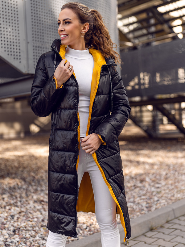 Damen Lange Gepolsterte Winterjacke mit Kapuze Schwarz Bolf J9063