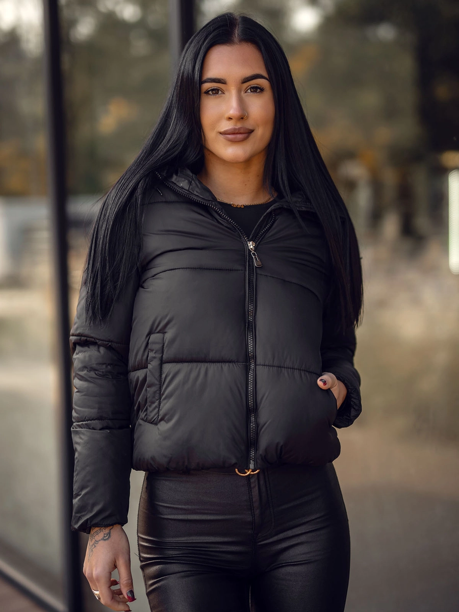 Damen Kurze Winterjacke mit Kapuze Schwarz Bolf 5M3237