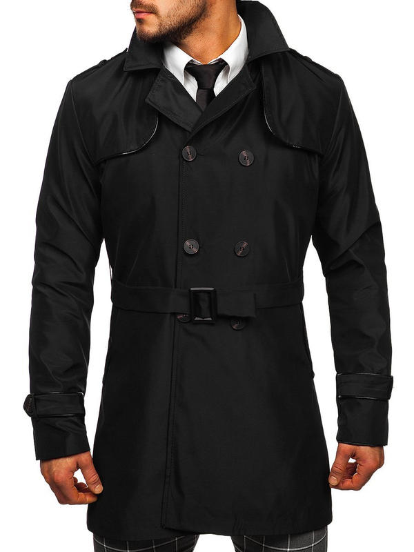 Herren Mantel Trenchcoat Zweireihig mit Stehkragen und Gürtel Schwarz Bolf 0001