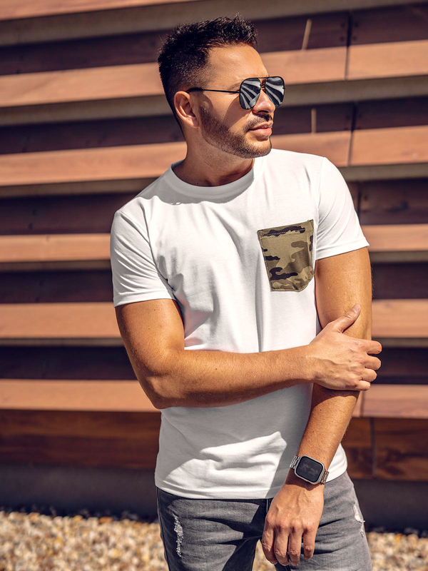 Herren T-Shirt mit Brusttasche mit Motiv Camo Weiß-Grün Bolf 8T85A