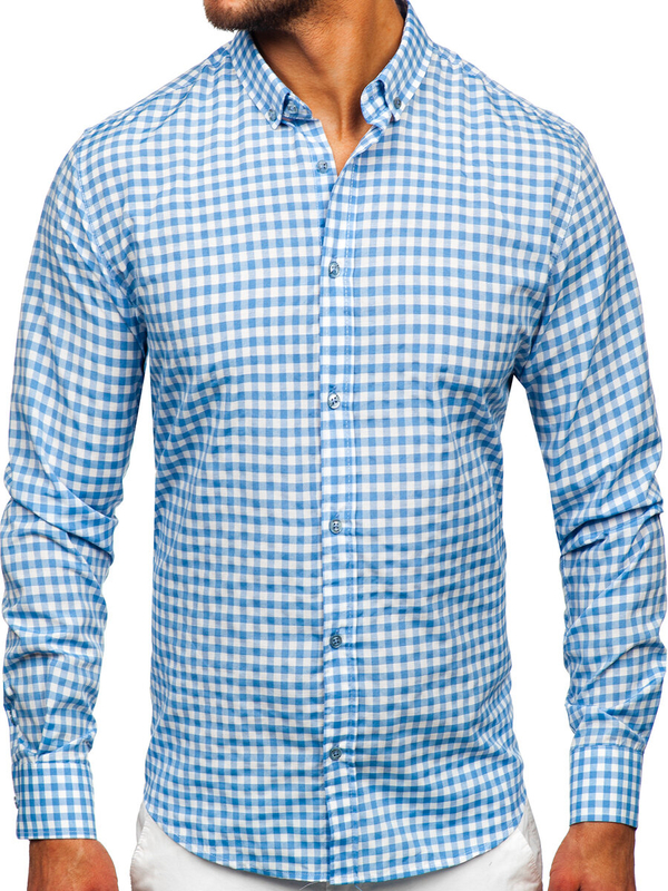 Herren Hemd Langarm Kariert Vichy Blau Bolf 22747