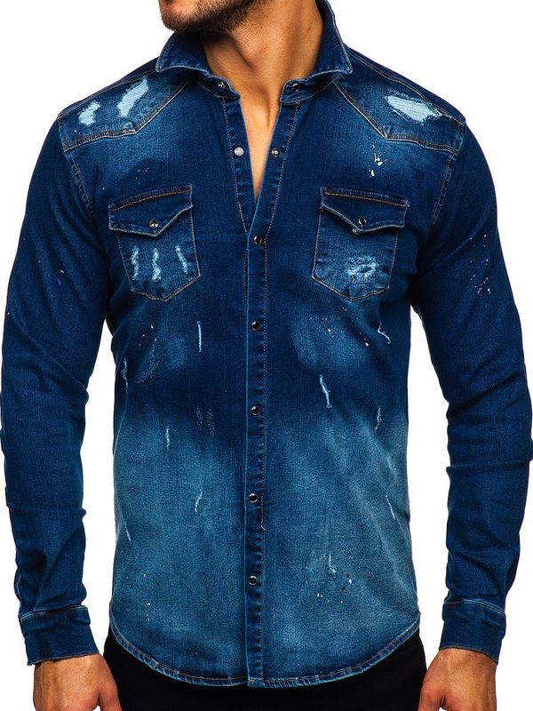 Herren Jeanshemd Langarm Dunkelblau Bolf R802