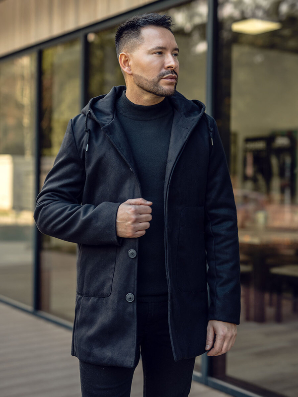 Herren Wintermantel mit Kapuze Schwarz Bolf 79B3A-197