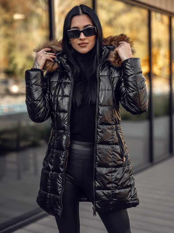 Damen Lange Gepolsterte Winterjacke Mantel mit Kapuze Schwarz-Braun Bolf 16M9120A