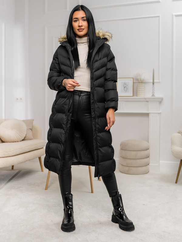 Damen Lange Gepolsterte Winterjacke Mantel mit Kapuze Schwarz Bolf 5M3228