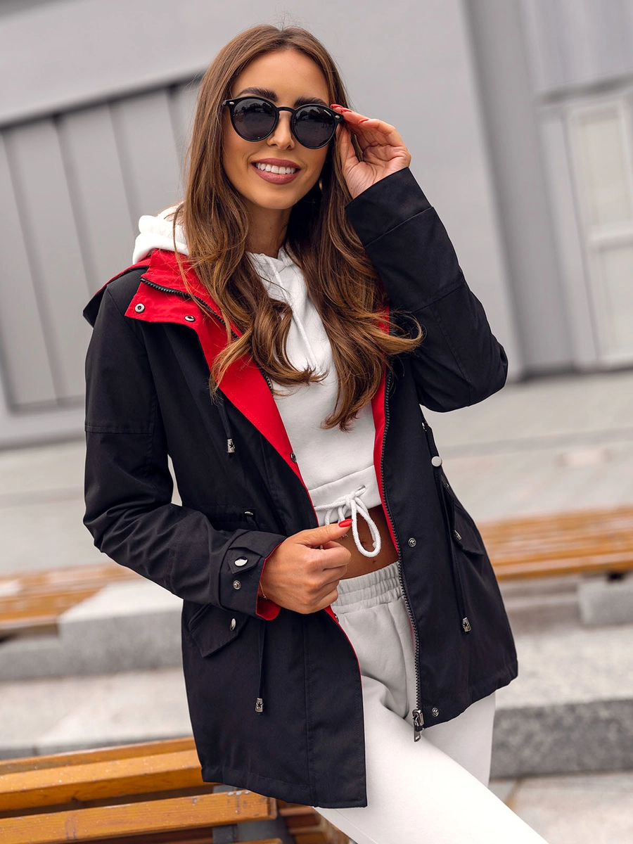 Damen Übergangsjacke Zweiseitiger Parka mit Kapuze Schwarz Bolf