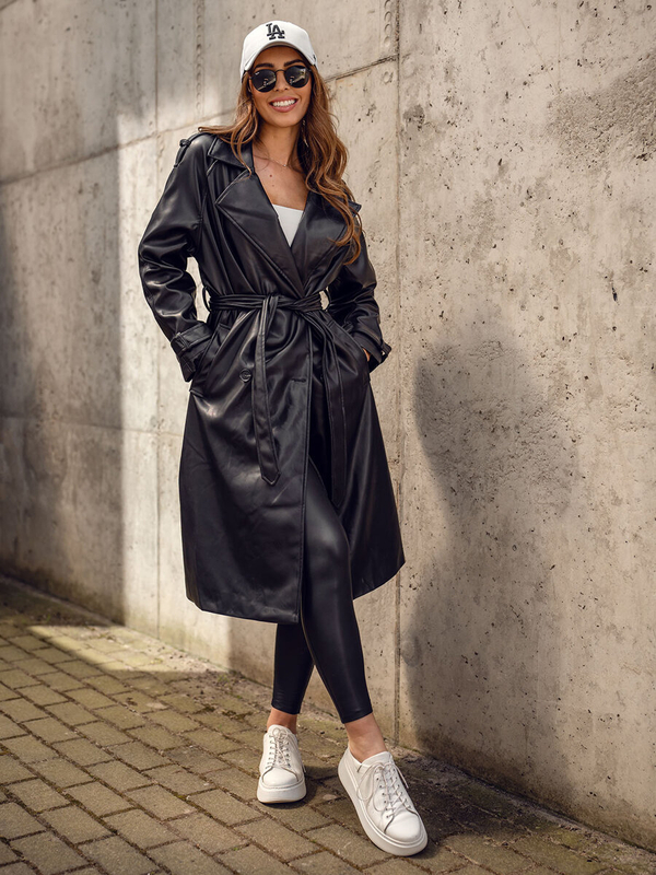 Damen Lange Jacke Mantel Kunstleder Schwarz Bolf 11Z8100A