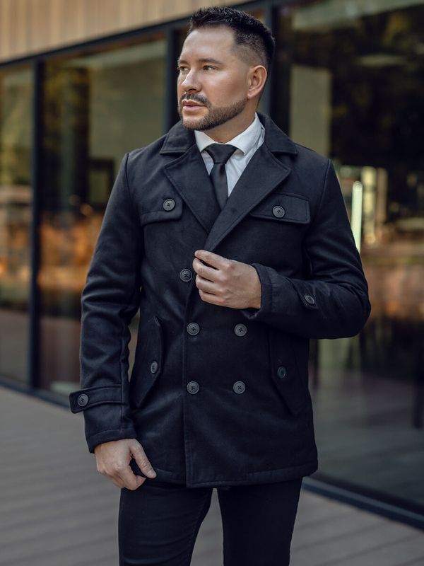 Herren Zweireihiger Wintermantel Schwarz Bolf M3142A
