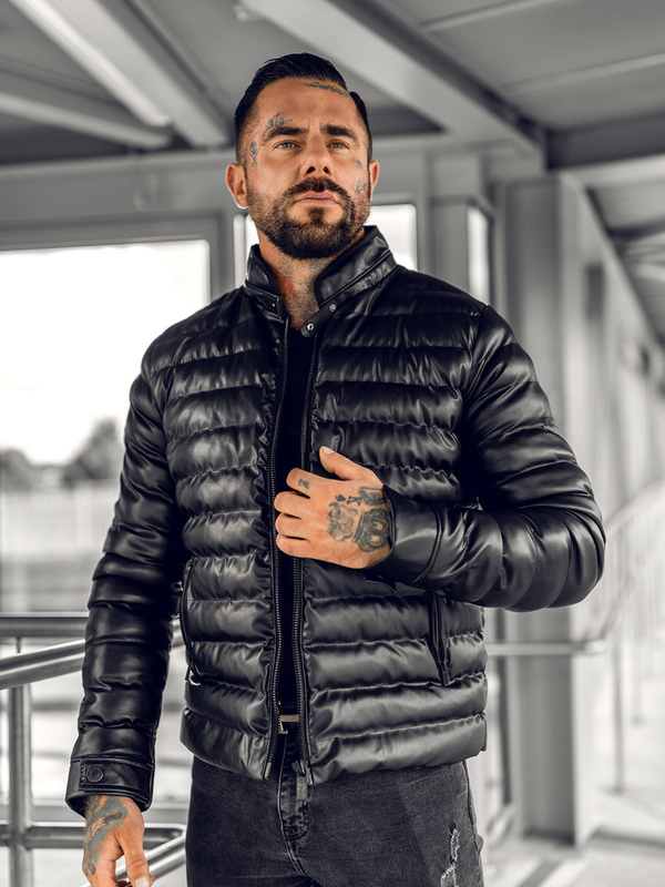 Herren Gepolsterte Kunstlederjacke Schwarz Bolf 0021B