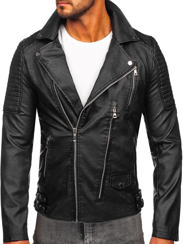 Herren Kunstlederjacke Bikerjacke Schwarz Bolf 11Z8026