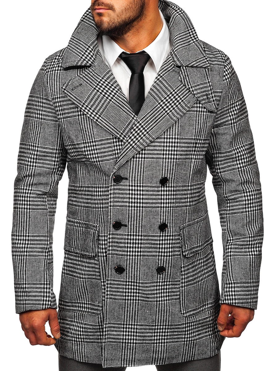 Herren Wintermantel Warmgefüttert Kariert Grau Bolf 1192