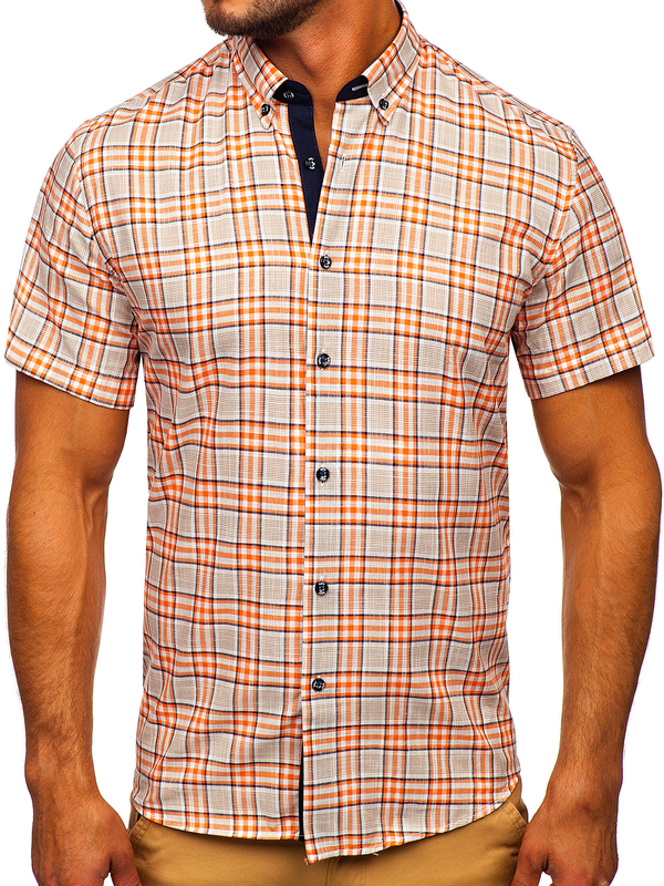 Herren Hemd Kurzarm Kariert Orange Bolf 201501