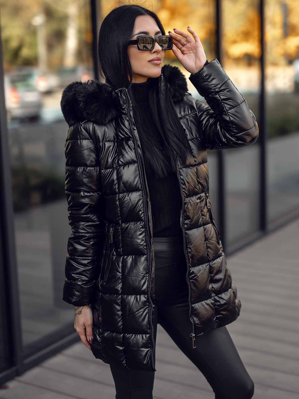 Damen Lange Gepolsterte Winterjacke Mantel mit Kapuze Schwarz Bolf 16M9120A