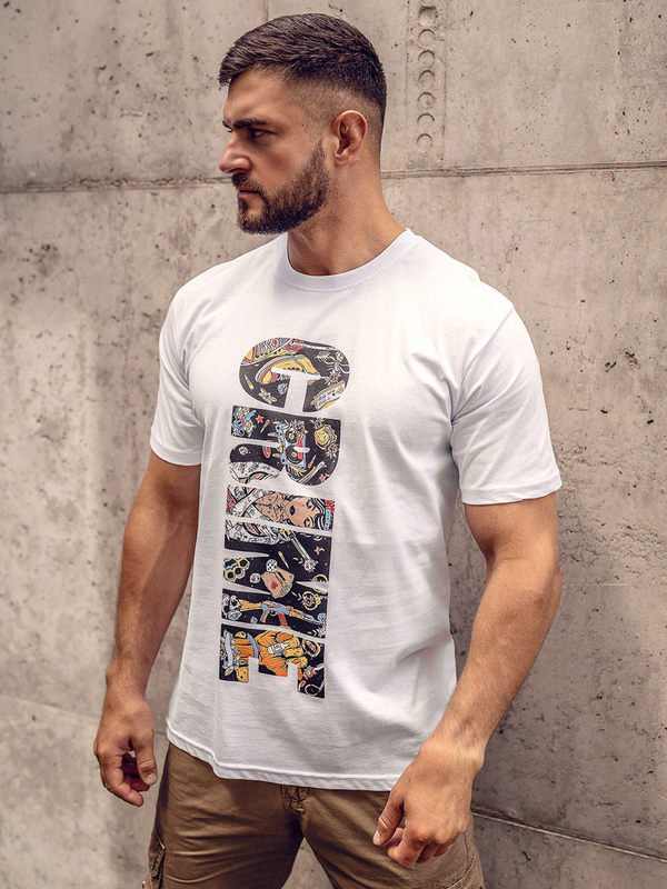 Herren Baumwoll T-Shirt mit Print Weiß Bolf 143023A