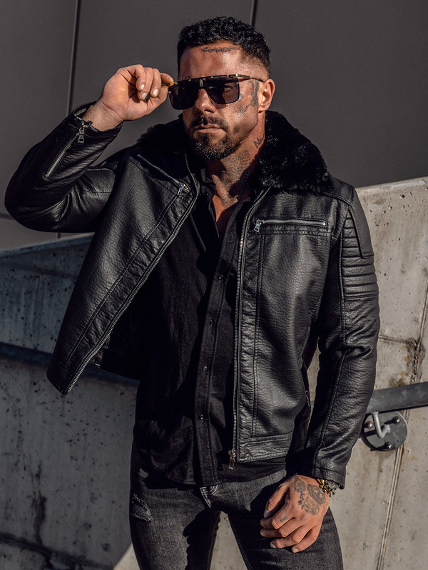 Herren Kunstleder Jacke Biker mit Teddyfell Bolf Schwarz11Z8013