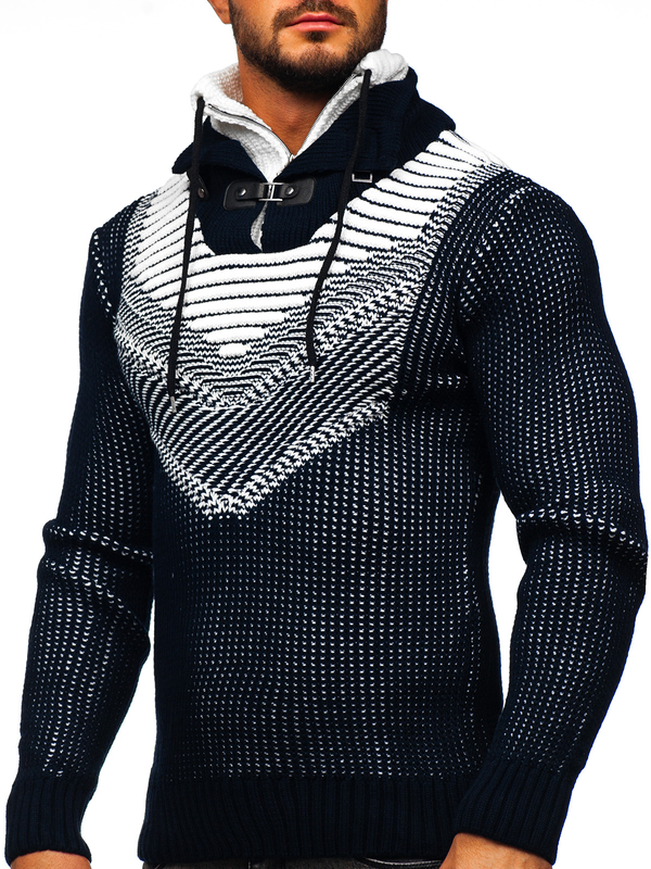 Herren Warmer Pullover mit Stehkragen Dunkelblau Bolf 2027