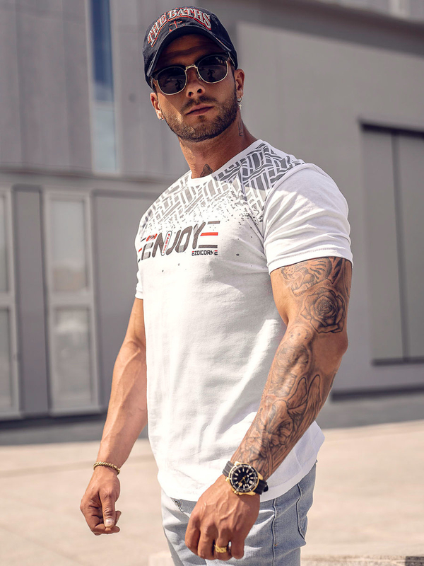 Herren Baumwoll T-Shirt mit Motiv Weiß Bolf 14720A