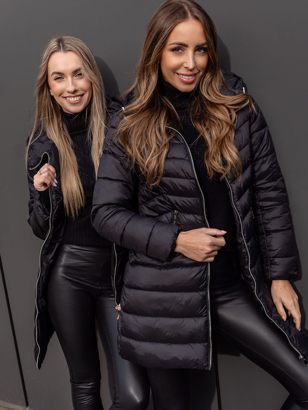 Damen Lange Gepolsterte Winterjacke Mantel mit Kapuze Schwarz Bolf 11Z8083B