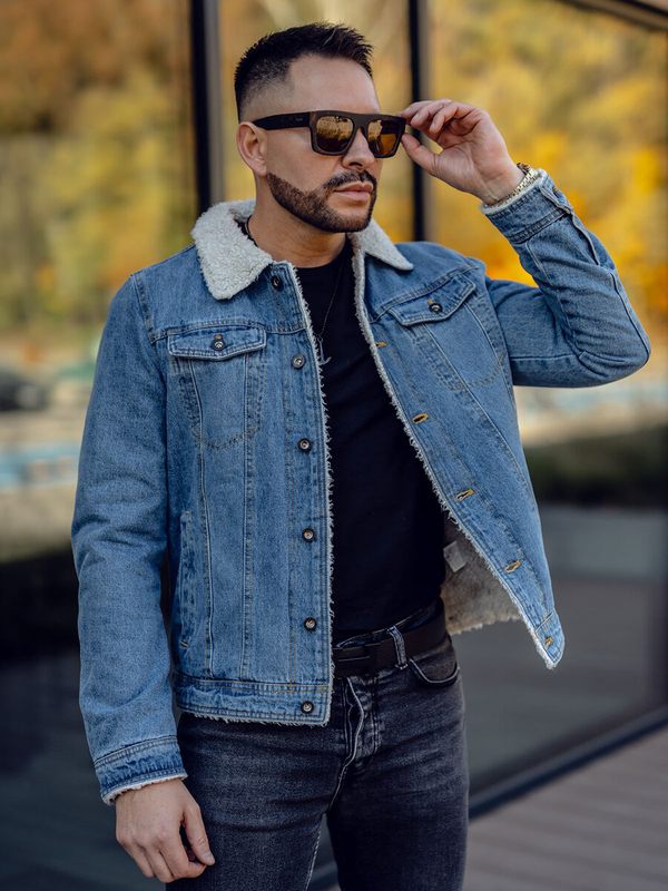 Herren Jeansjacke Turcker Jacke Warm Gefüttert mit Teddyfell Kragen Blau Bolf 1157