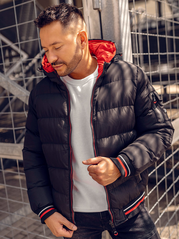 Herren Zweiseitige Gepolsterte Winterjacke Schwarz-Rot Bolf 7410A