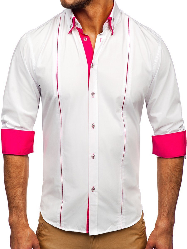 Herren Hemd Langarm Elegant Weiß-Rosa Bolf 4744