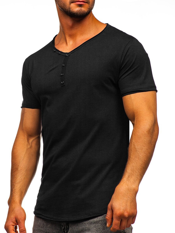 Herren Baumwoll V-Ausschnitt T-Shirt Uni Schwarz Bolf 4049
