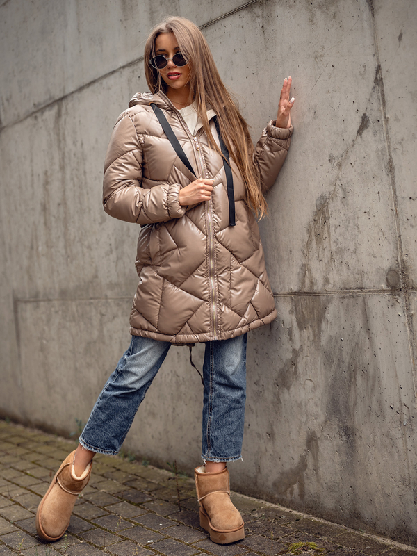 Damen Lange Gepolsterte Winterjacke Mantel mit Kapuze Camel Bolf 5M3189