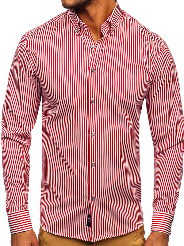 Herren Hemd Langarm Gestreift Rot Bolf 20726