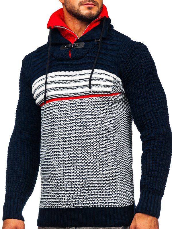 Herren Warmer Pullover mit Stehkragen Dunkelblau-Rot Bolf 2026