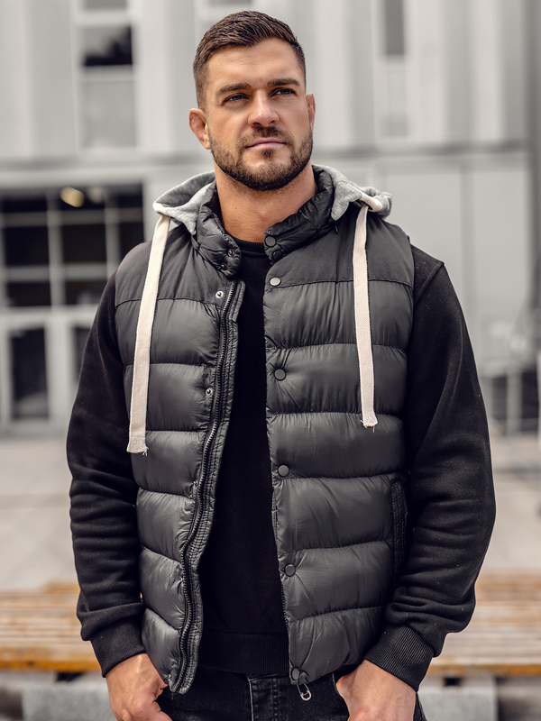 Herren Steppweste mit Kapuze Schwarz Bolf 13078A