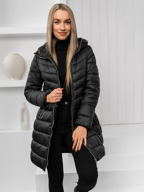 Damen Lange Gepolsterte Winterjacke Mantel mit Kapuze Schwarz Bolf 11Z8083