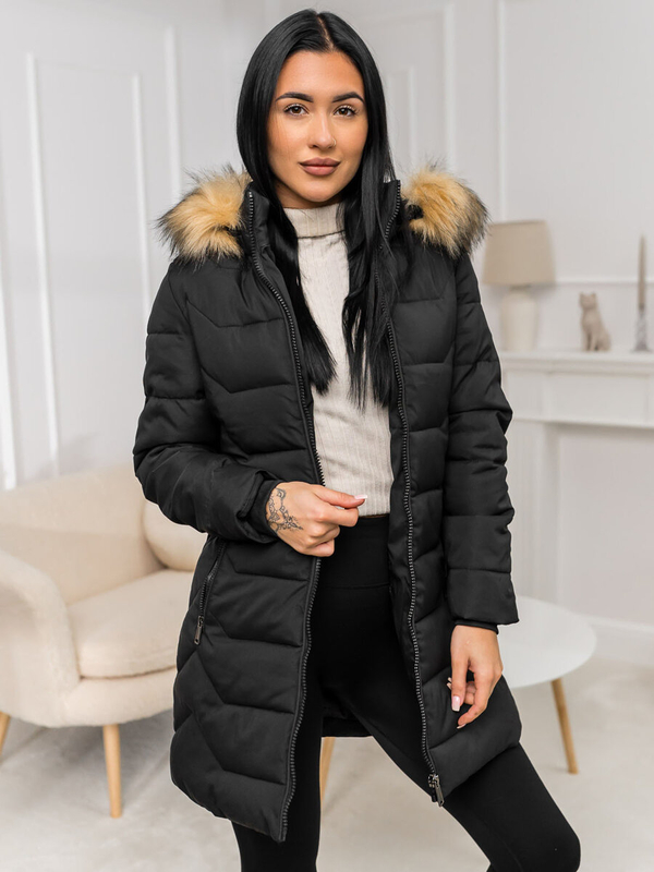 Damen Winterjacke mantel mit Kapuze Schwarz-Braun Bolf 16M9121