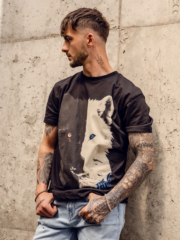 Herren Baumwoll T-Shirt mit Motiv Schwarz Bolf 14800A