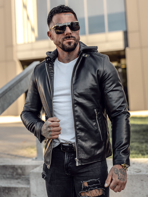 Herren Kunstleder Jacke Biker mit Kapuze Schwarz Bolf 11Z8012